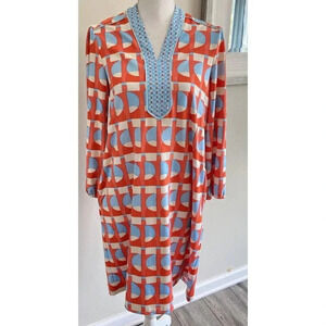 J.McLaughlin Dress Catalina Cloth Long Sleeve Pockets Blue Orange Geometric S
